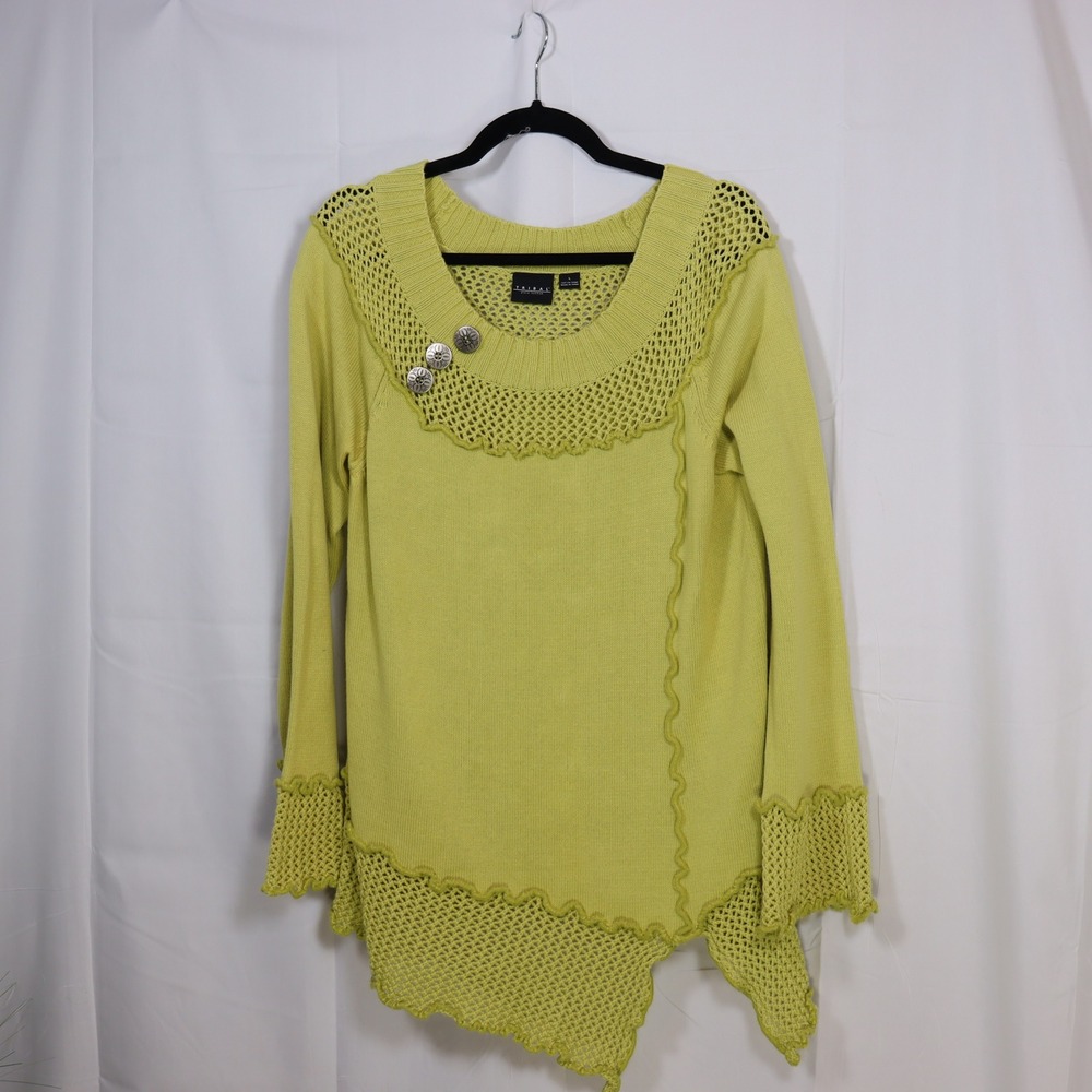 Tribal Sweater L Lime Green‎ Womens Crochet Trim Asymmetric Hem Pullover